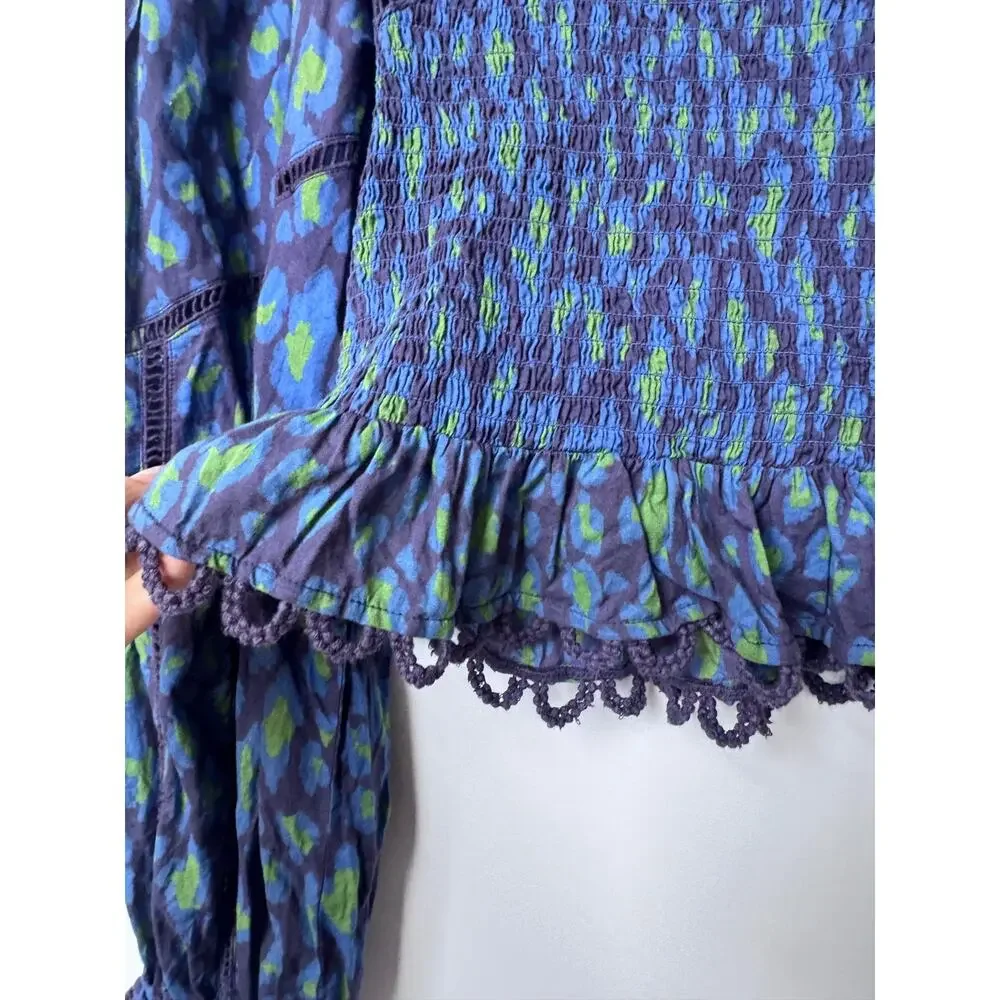 Farm Rio Blue Green Leopard Print Smocked Peplum Top Lace Guipure Cotton Large - Picture 6 of 14